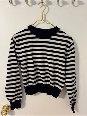 Zara Navy and White Striped Crewneck Sweater